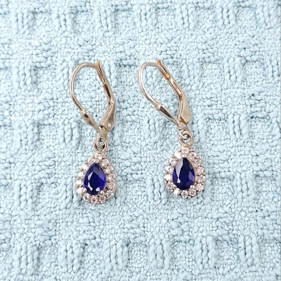 Natural Blue Spinel & White Zircon Halo Dangle Earrings In 925 Sterling Silver - Picture 2 of 7